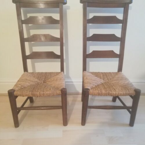 Antique Victorian School room Chairs Pair Oak Wicker Seats ladder back