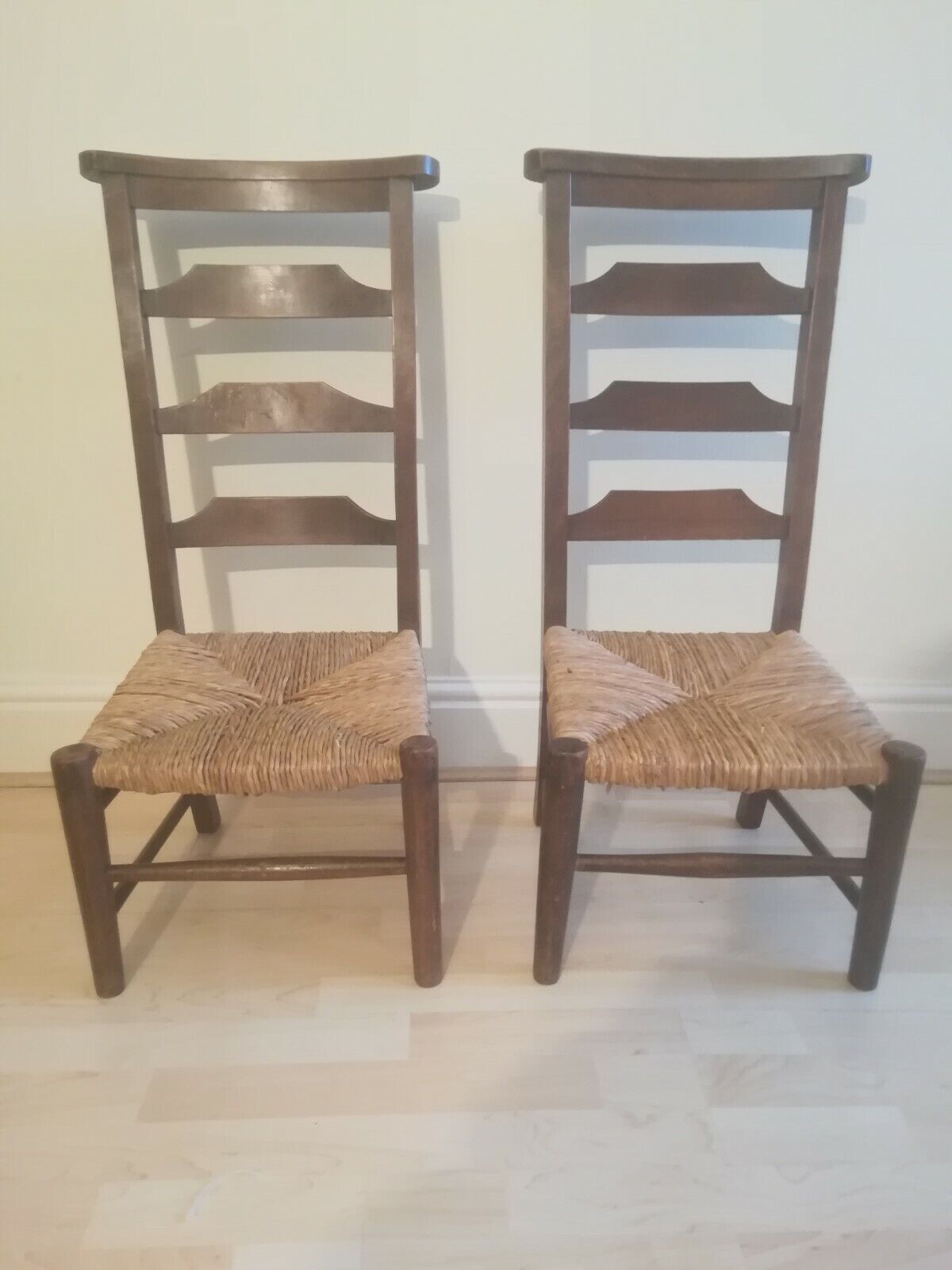 Antique Victorian School room Chairs Pair Oak Wicker Seats ladder back