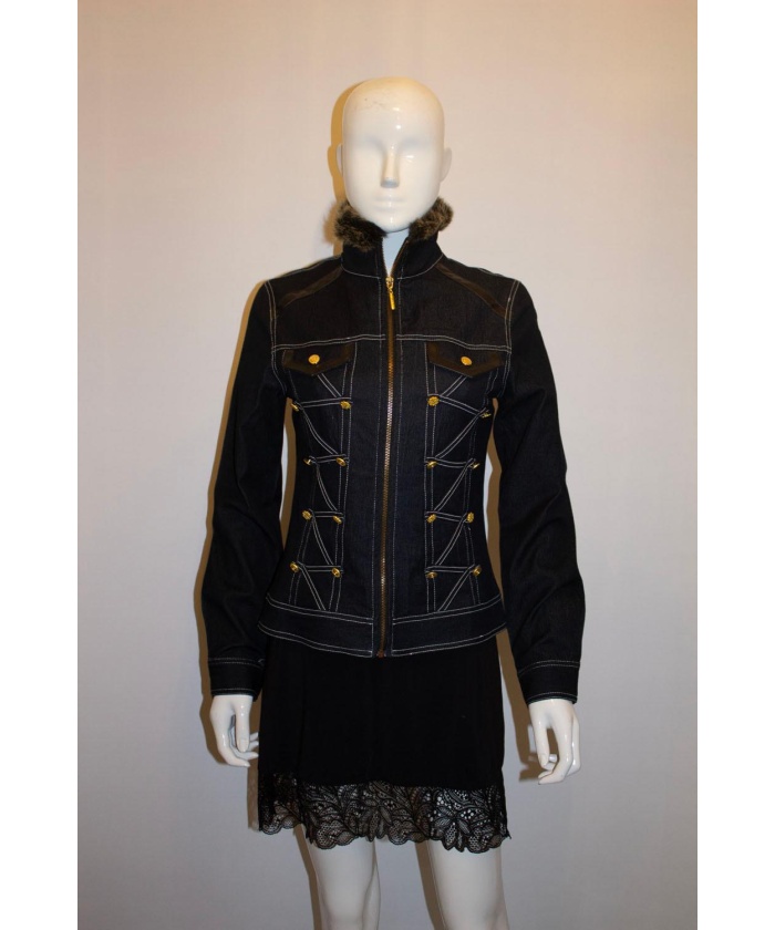 Cavalli Blue Jacket with Faux Fur Trim