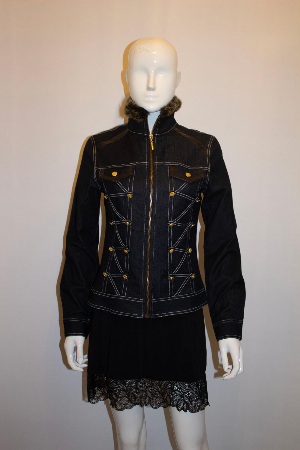 Cavalli Blue Jacket with Faux Fur Trim
