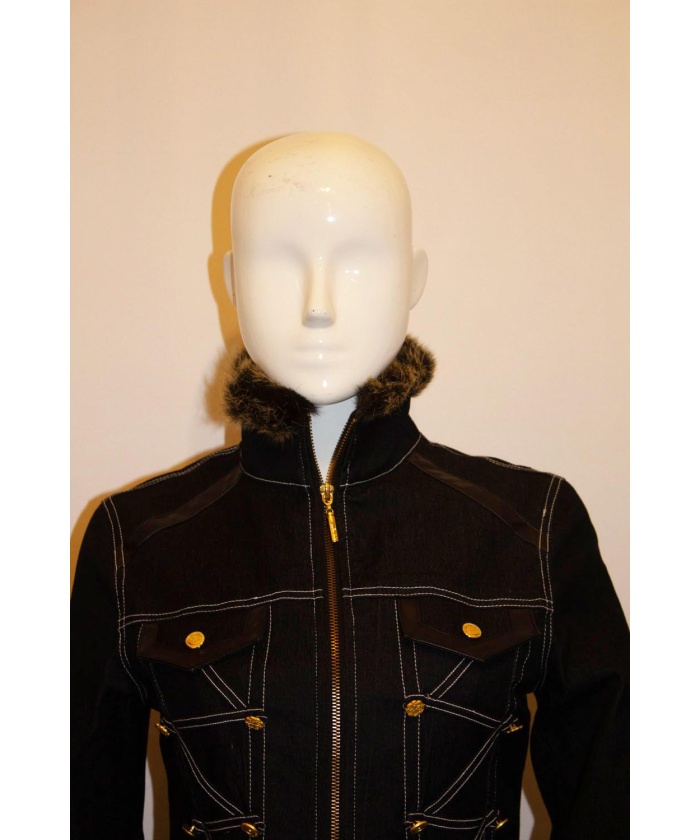 Cavalli Blue Jacket with Faux Fur Trim