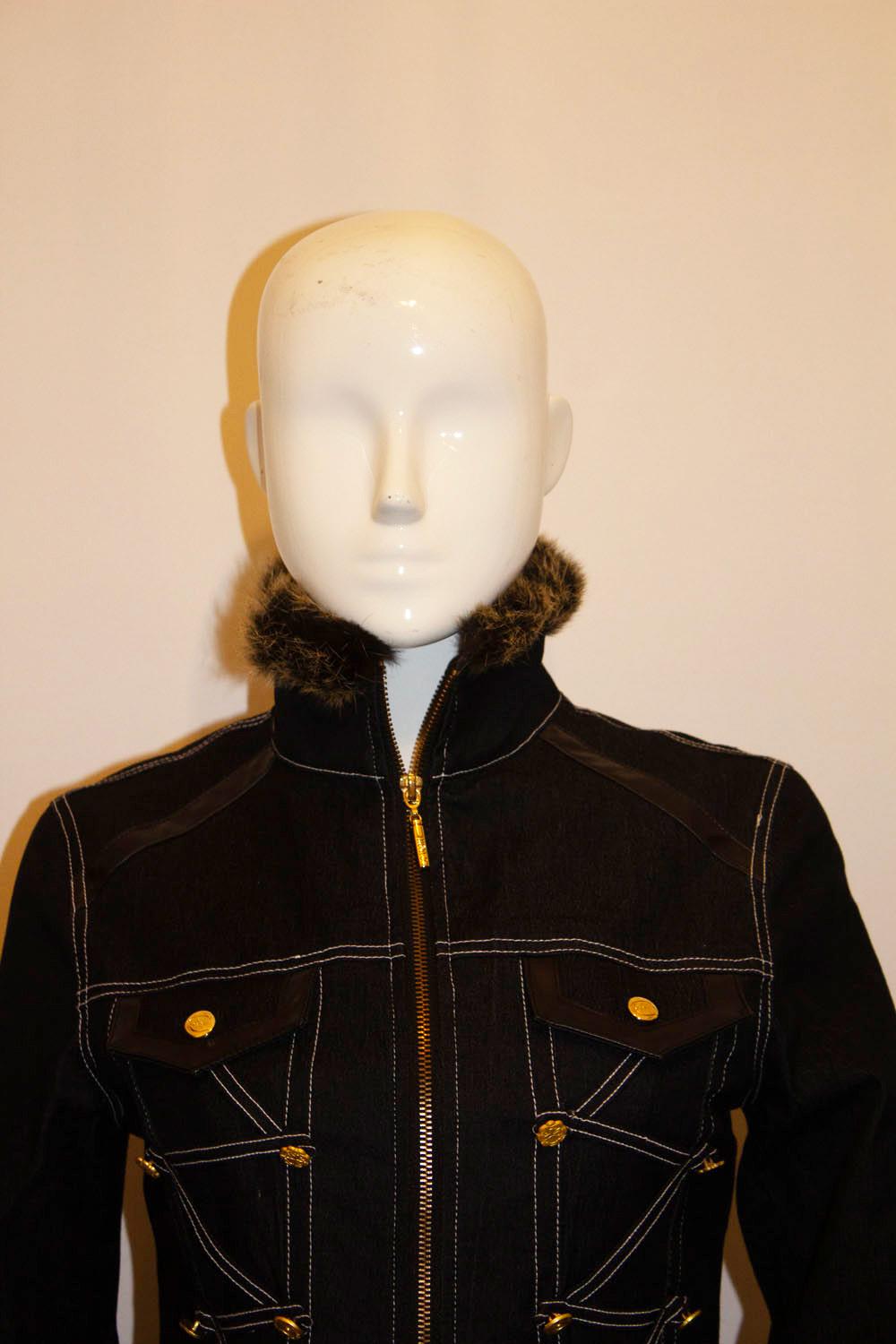 Cavalli Blue Jacket with Faux Fur Trim