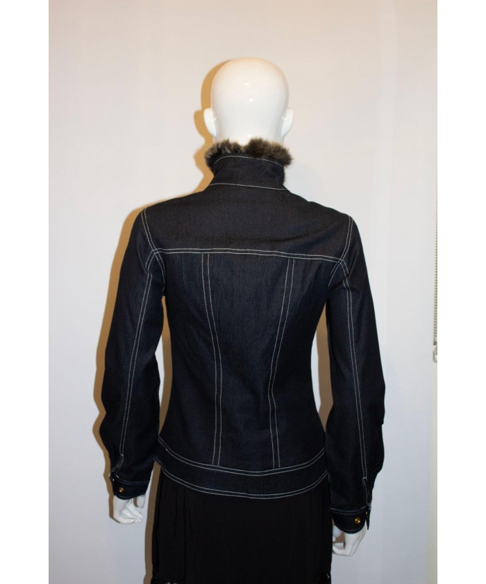 Cavalli Blue Jacket with Faux Fur Trim
