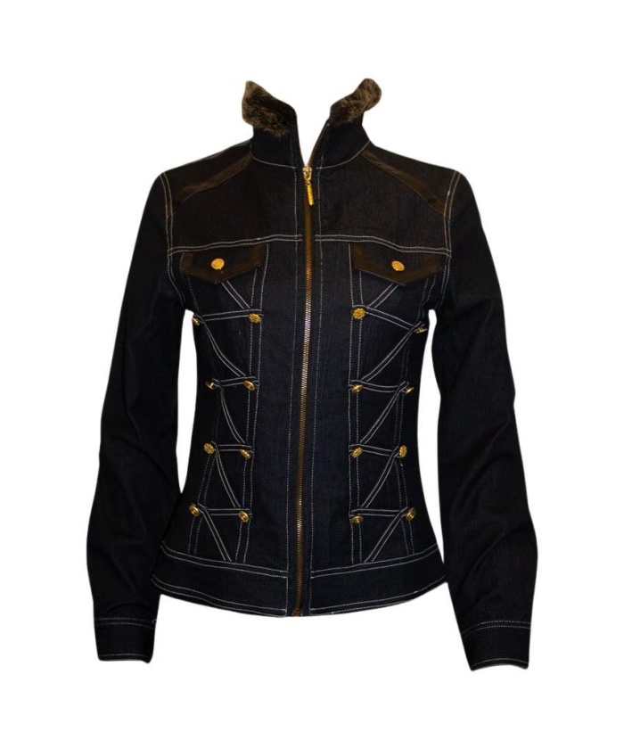 Cavalli Blue Jacket with Faux Fur Trim