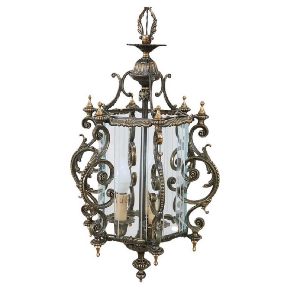 Vintage Bronze and Glass Lantern, 1980s