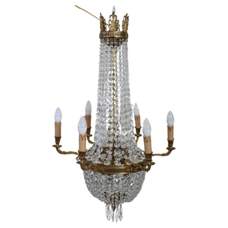 Gilded Bronze And Crystal Antique Chandelier With 10 Bulbs, Late 19th Century