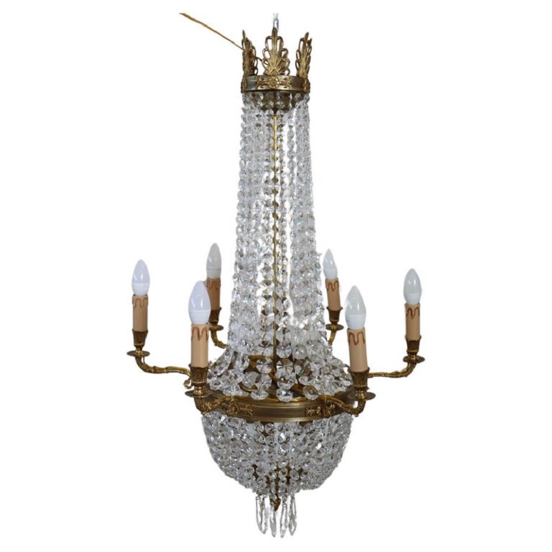 Gilded Bronze And Crystal Antique Chandelier With 10 Bulbs, Late 19th Century