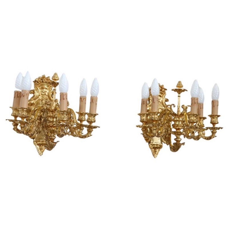 Sconces in Gilded Bronze with Five Bulbs Each, Set of 2