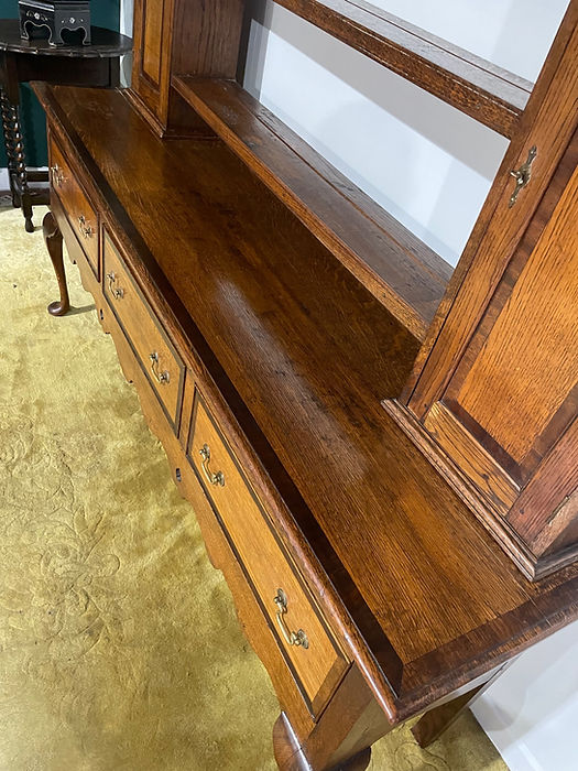 Antique Spicer of Pontesbury oak dresser with crossbanded mahogany