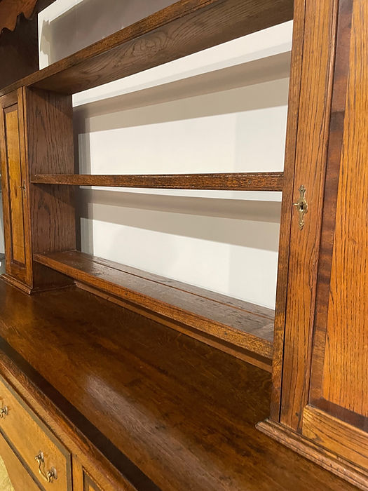 Antique Spicer of Pontesbury oak dresser with crossbanded mahogany