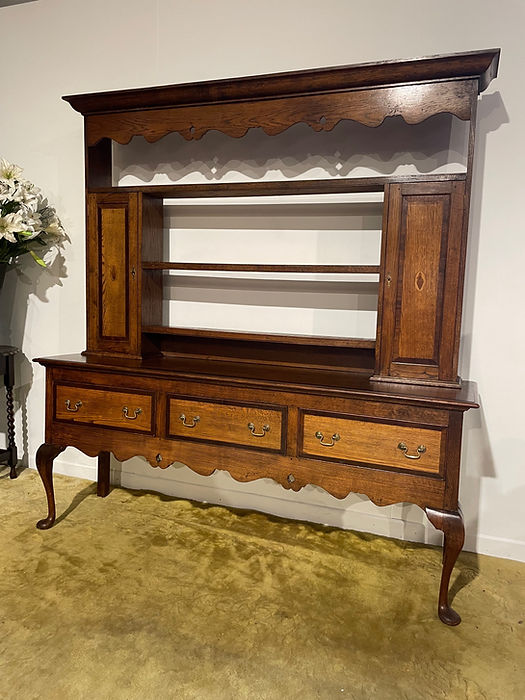 Antique Spicer of Pontesbury oak dresser with crossbanded mahogany