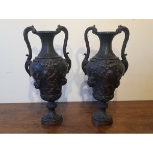 Fine Pair Antique 19th Century Neo Classical Bronzed Spelter Vases 15 "