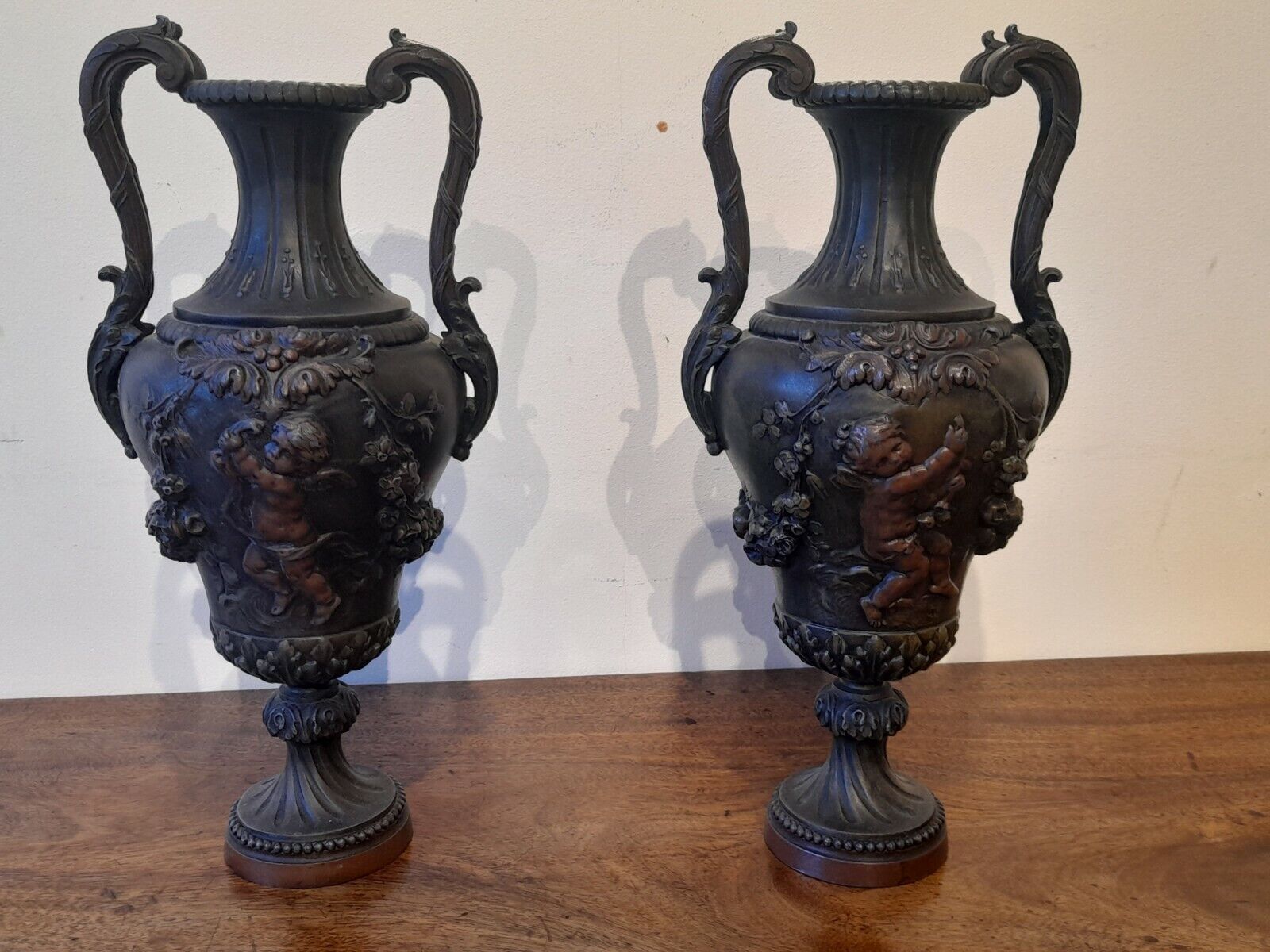 Fine Pair Antique 19th Century Neo Classical Bronzed Spelter Vases 15 "
