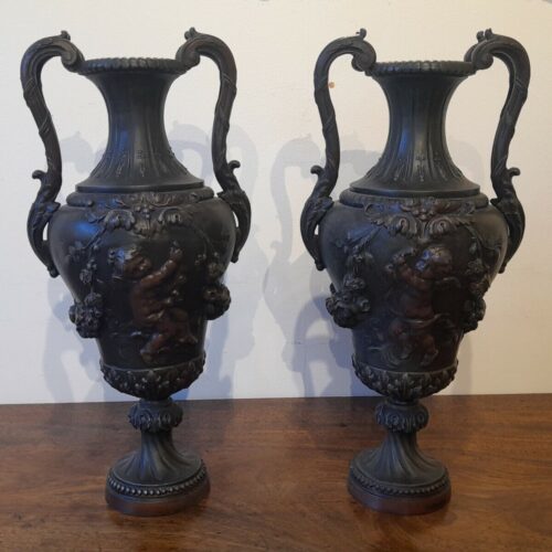 Fine Pair Antique 19th Century Neo Classical Bronzed Spelter Vases 15 "