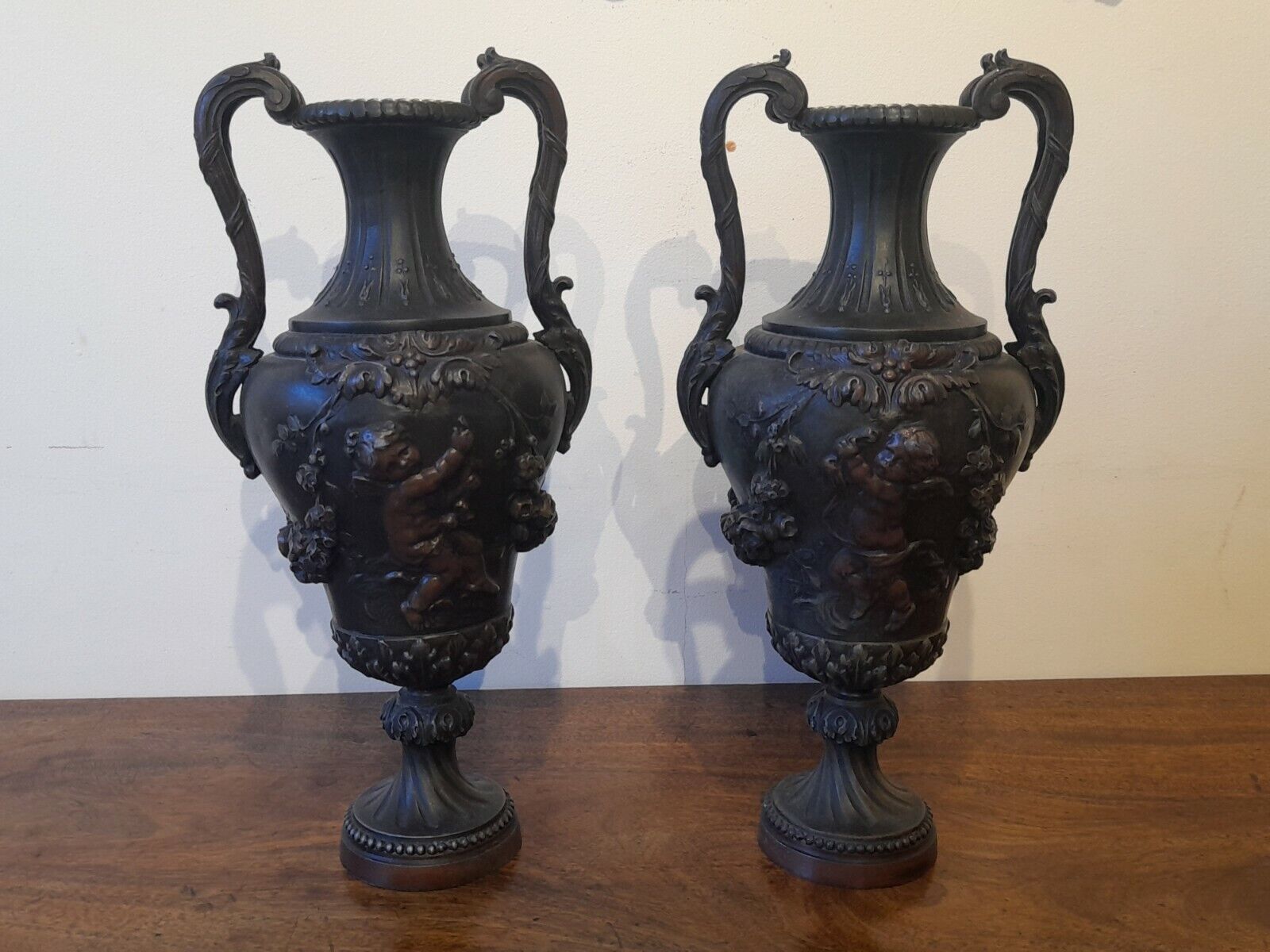 Fine Pair Antique 19th Century Neo Classical Bronzed Spelter Vases 15 "