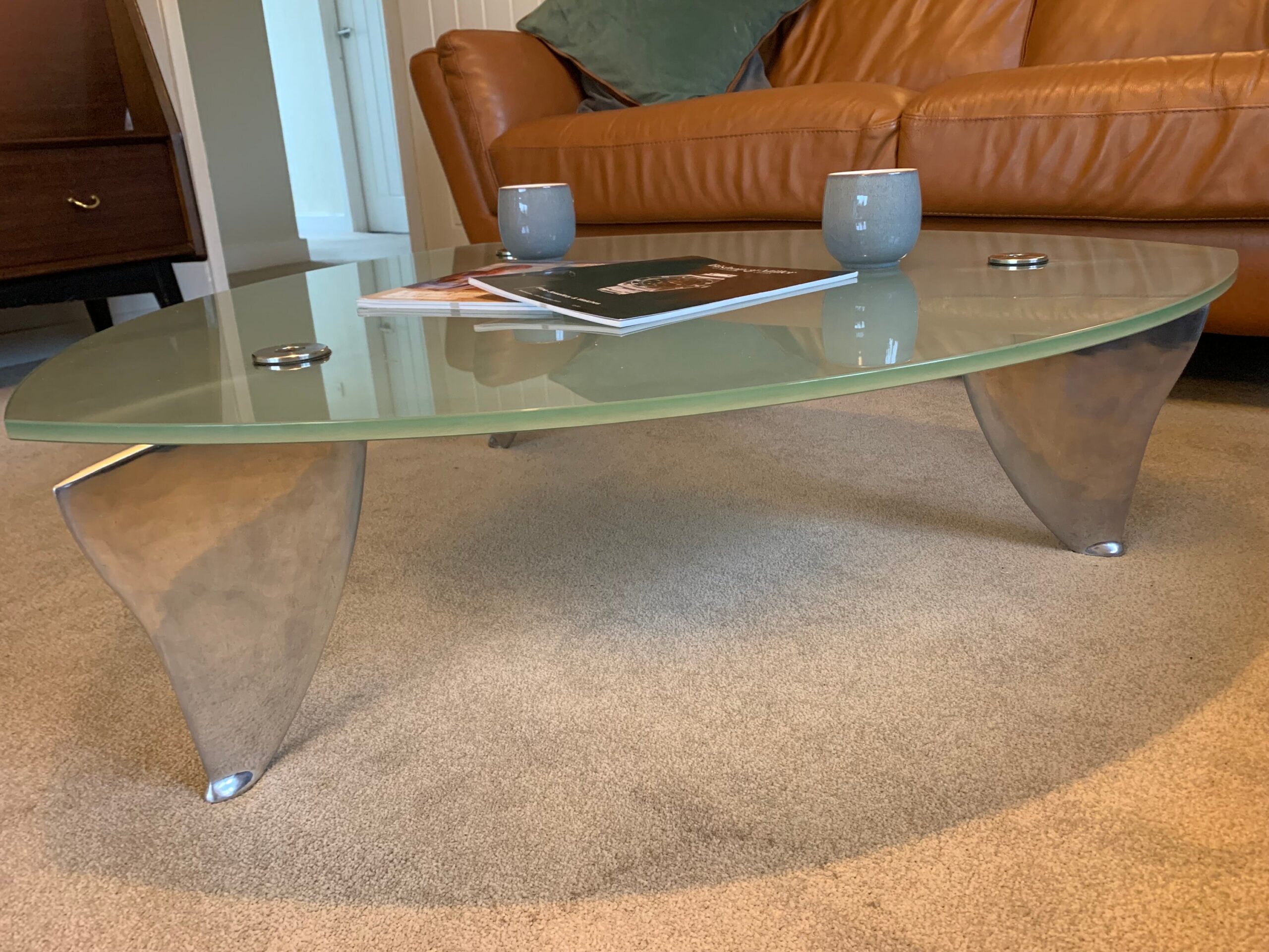 Flipper Model Glass & Aluminum Coffee Table by Matthew Hilton for SCP, 1980s