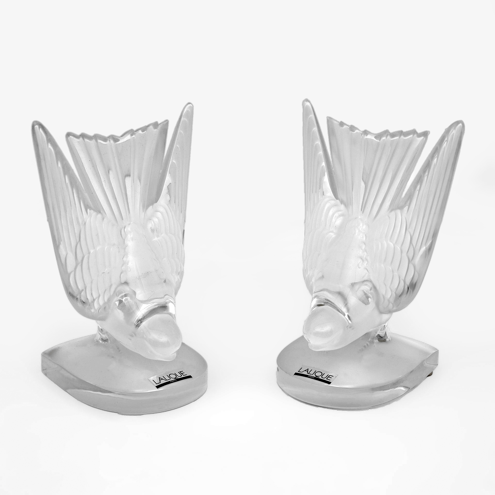 Pair of Art Decò Crystal Swallows Bookends by Lalique "Hirondelles" France 1980s