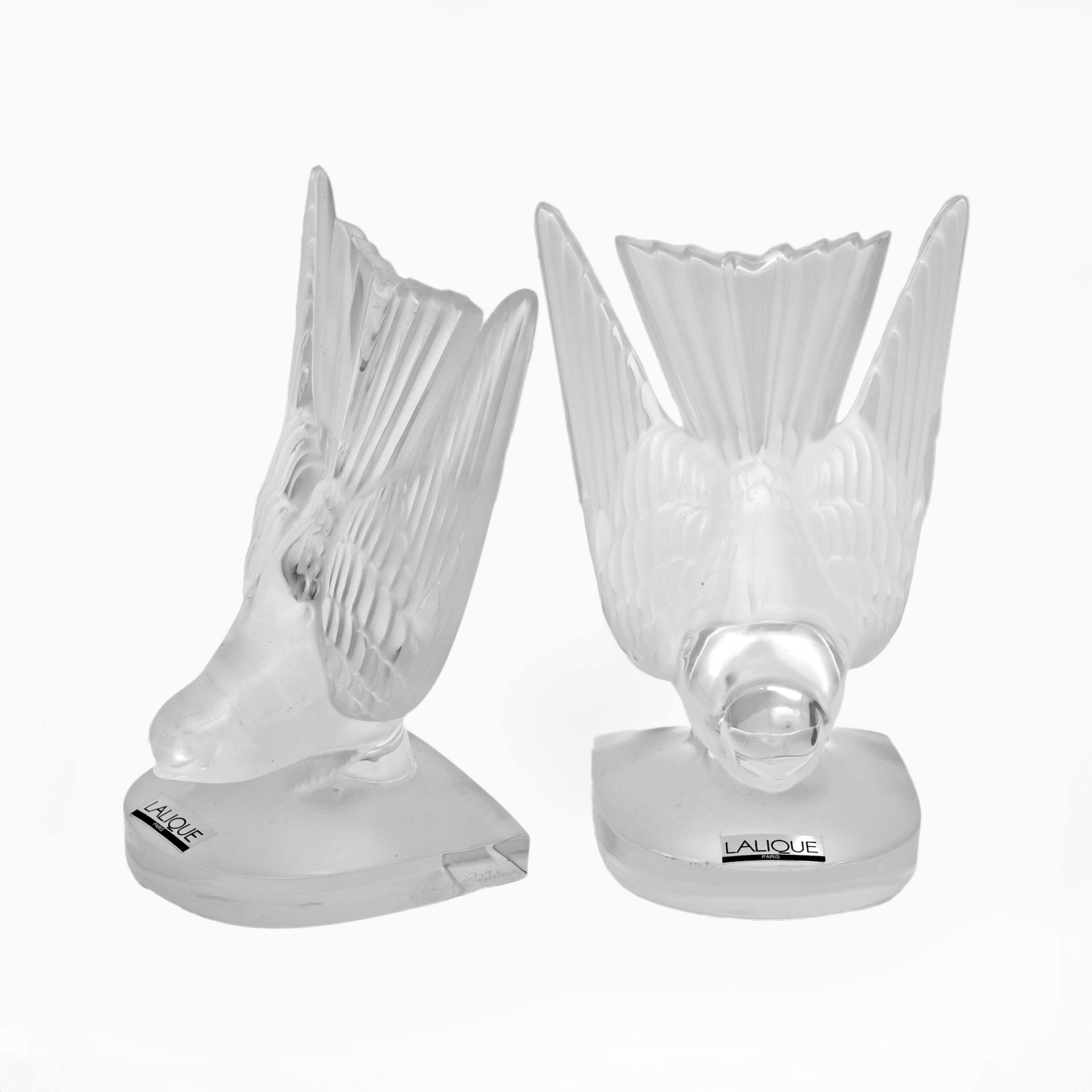 Pair of Art Decò Crystal Swallows Bookends by Lalique "Hirondelles" France 1980s