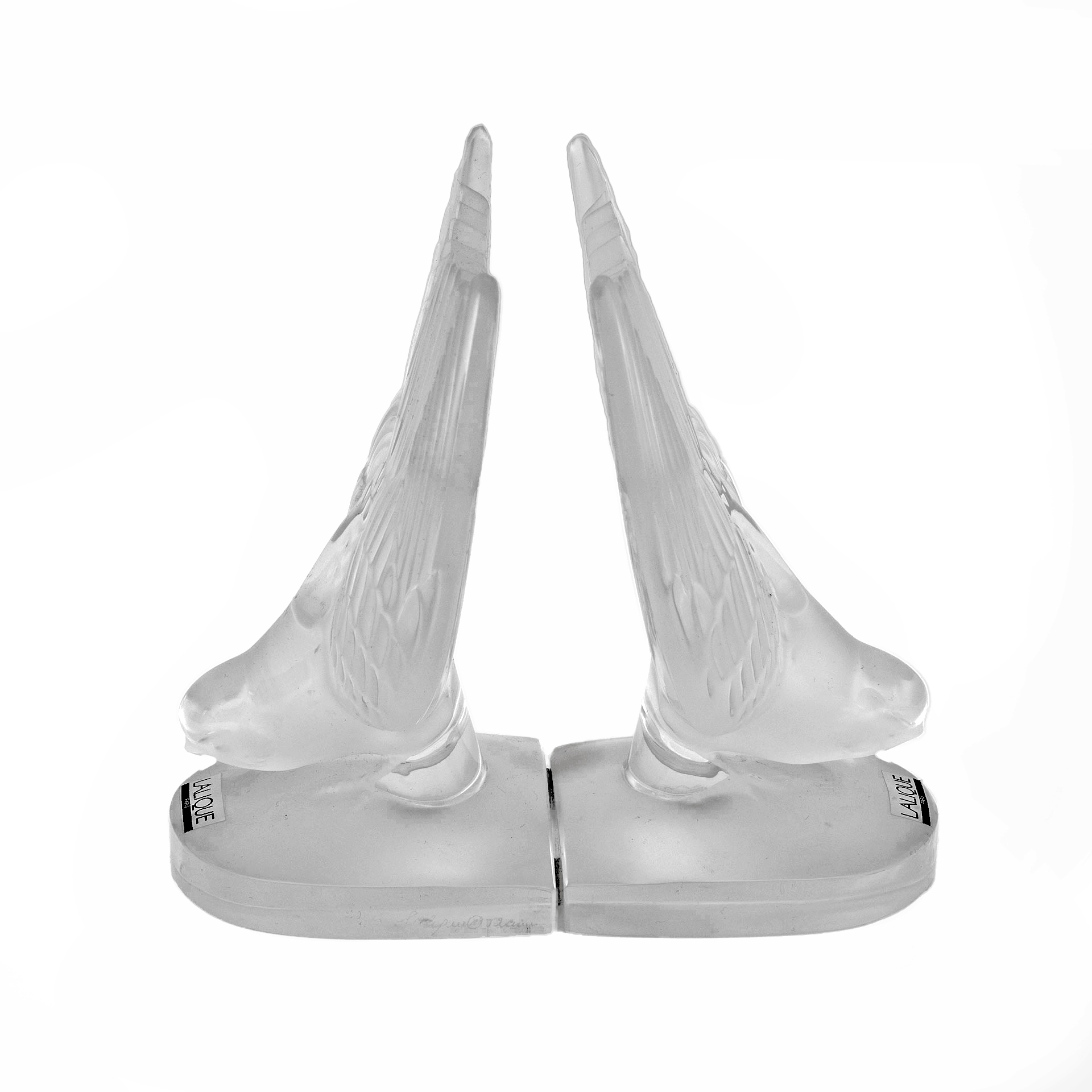 Pair of Art Decò Crystal Swallows Bookends by Lalique "Hirondelles" France 1980s