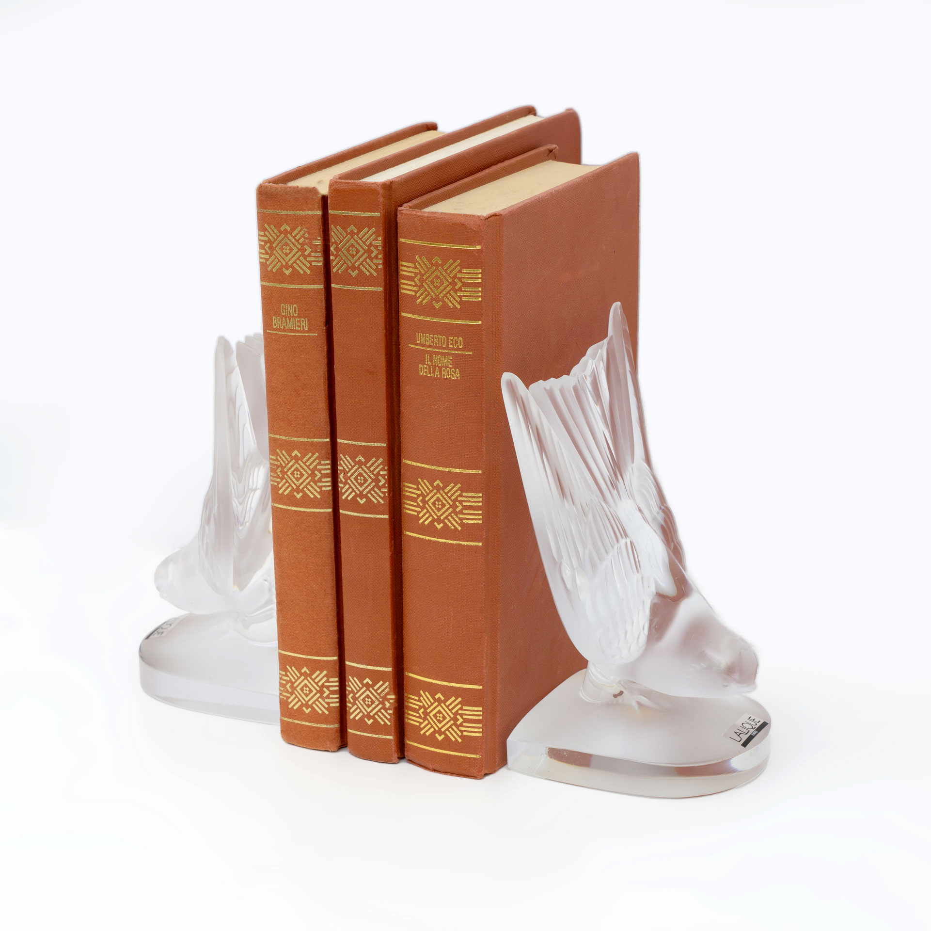 Pair of Art Decò Crystal Swallows Bookends by Lalique "Hirondelles" France 1980s