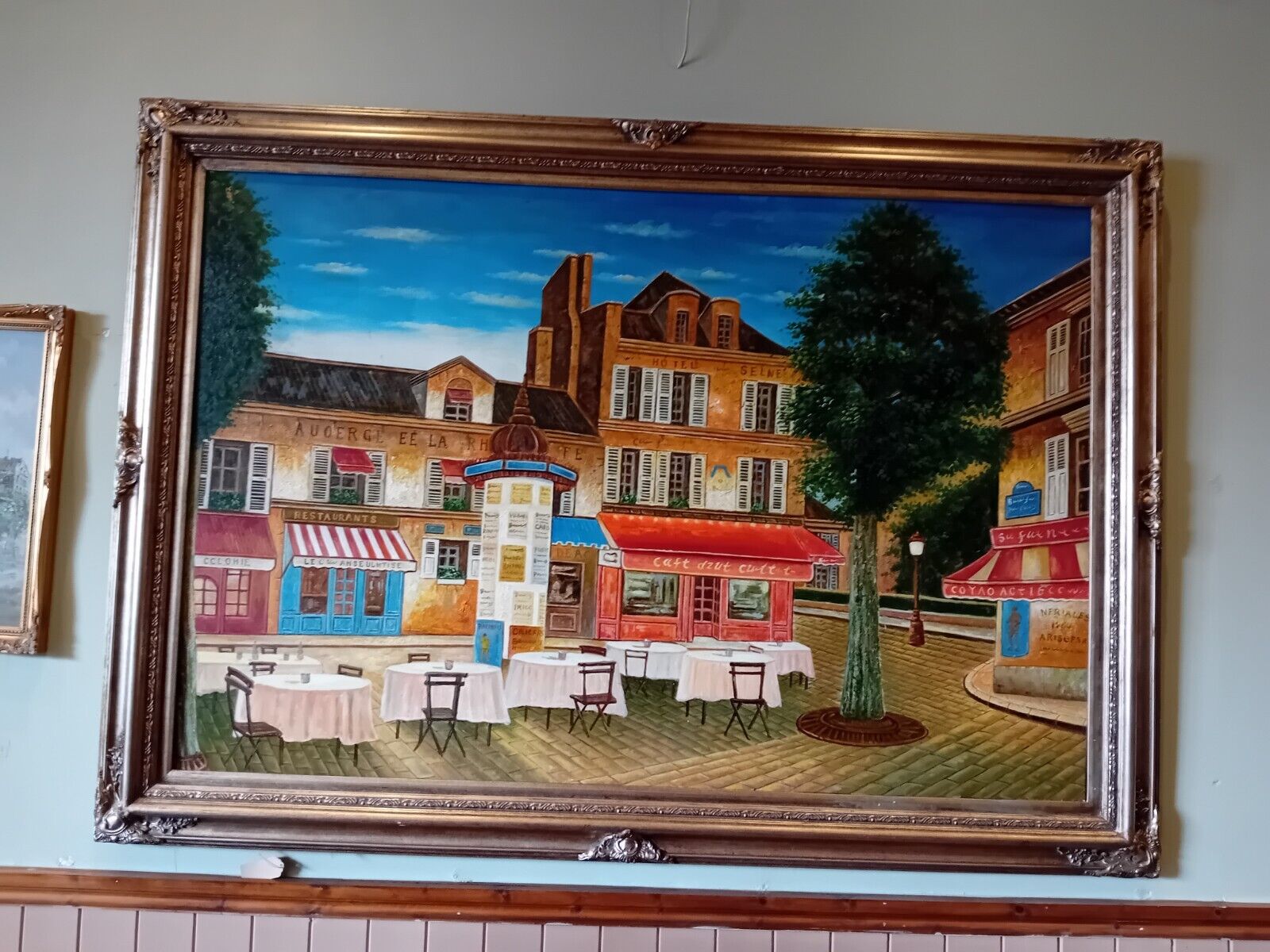 Huge Oil Painting Mid 20th Century Continental Town Scene 80 x 58 Inches
