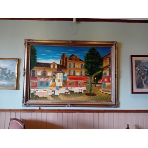 Huge Oil Painting Mid 20th Century Continental Town Scene 80 x 58 Inches
