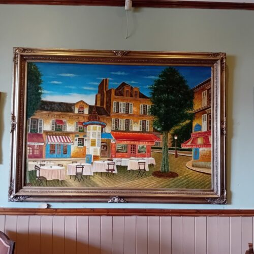 Huge Oil Painting Mid 20th Century Continental Town Scene 80 x 58 Inches