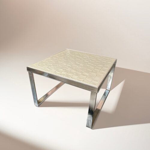 Mid Century Danish white ceramic tile square coffee table with high shine chrome base by Ansager Mobler