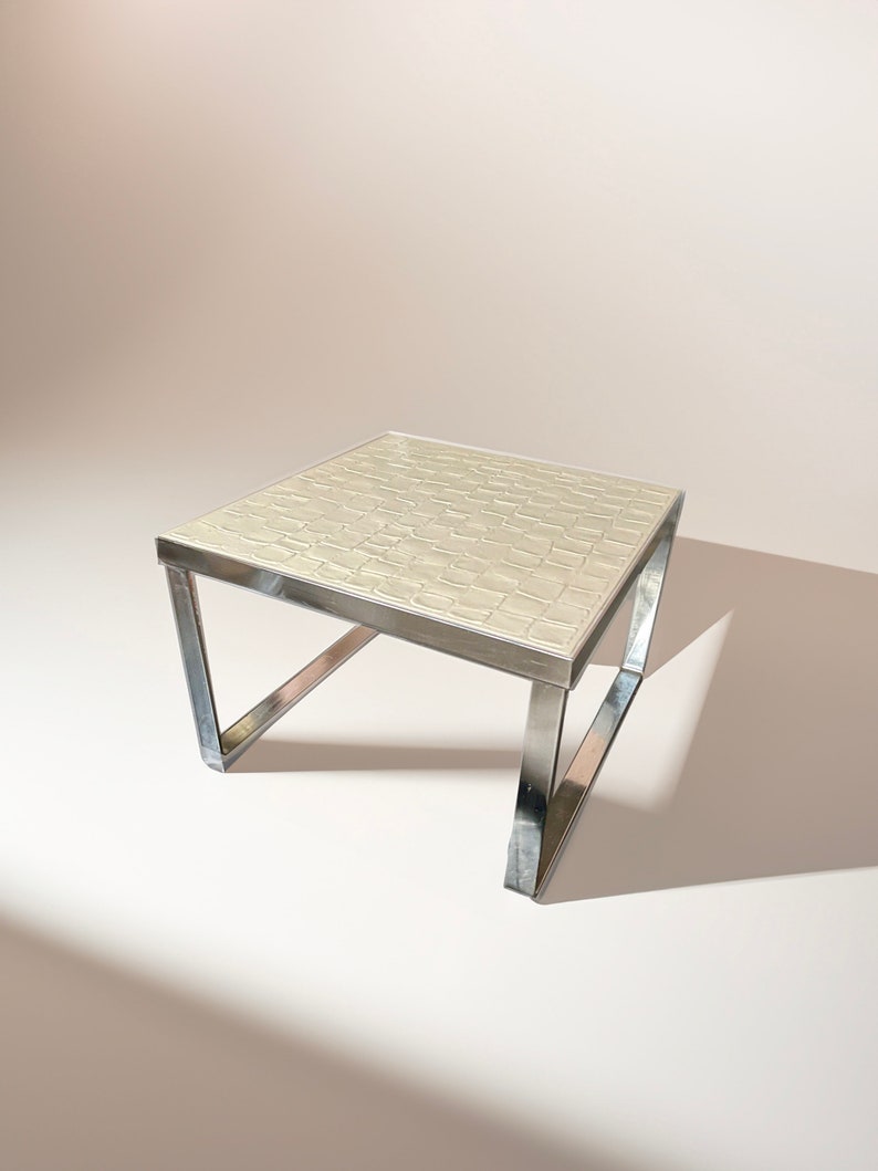 Mid Century Danish white ceramic tile square coffee table with high shine chrome base by Ansager Mobler
