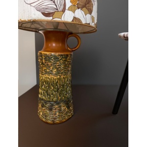 Stunning West German pottery floor lamp with original seventies large scale floral print lampshade