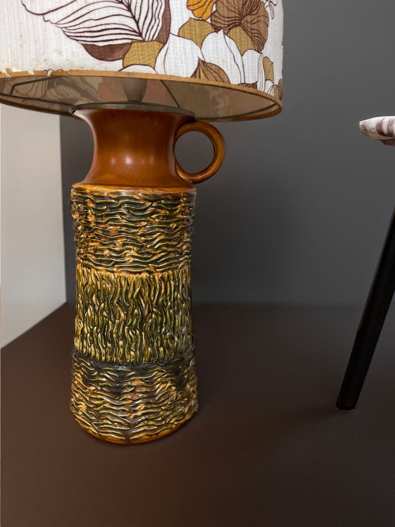 Stunning West German pottery floor lamp with original seventies large scale floral print lampshade