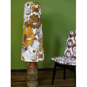 Stunning West German pottery floor lamp with original seventies large scale floral print lampshade