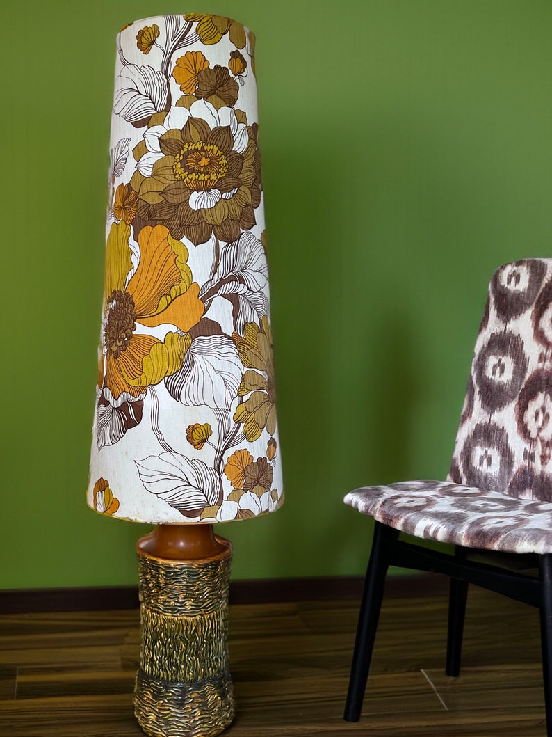 Stunning West German pottery floor lamp with original seventies large scale floral print lampshade