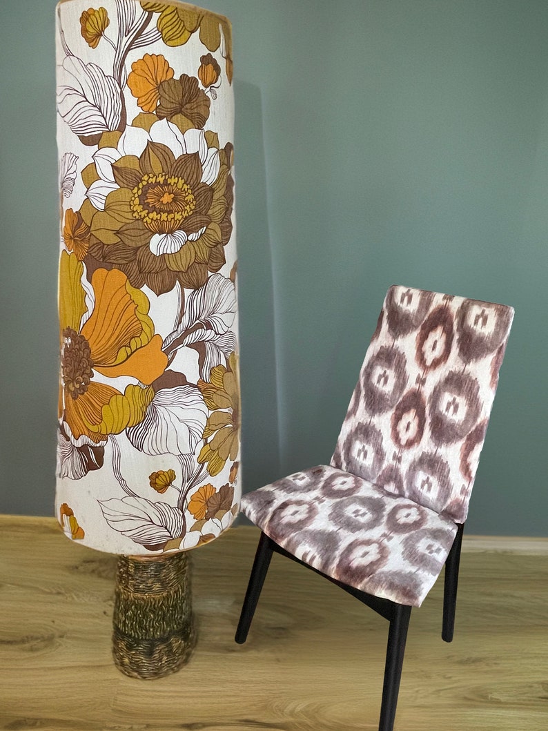 Stunning West German pottery floor lamp with original seventies large scale floral print lampshade
