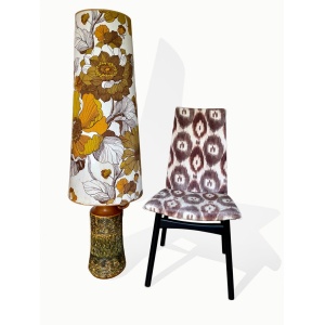 Stunning West German pottery floor lamp with original seventies large scale floral print lampshade