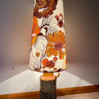 Stunning West German pottery floor lamp with original seventies large scale floral print lampshade