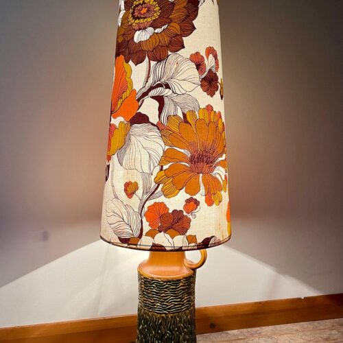 Stunning West German pottery floor lamp with original seventies large scale floral print lampshade