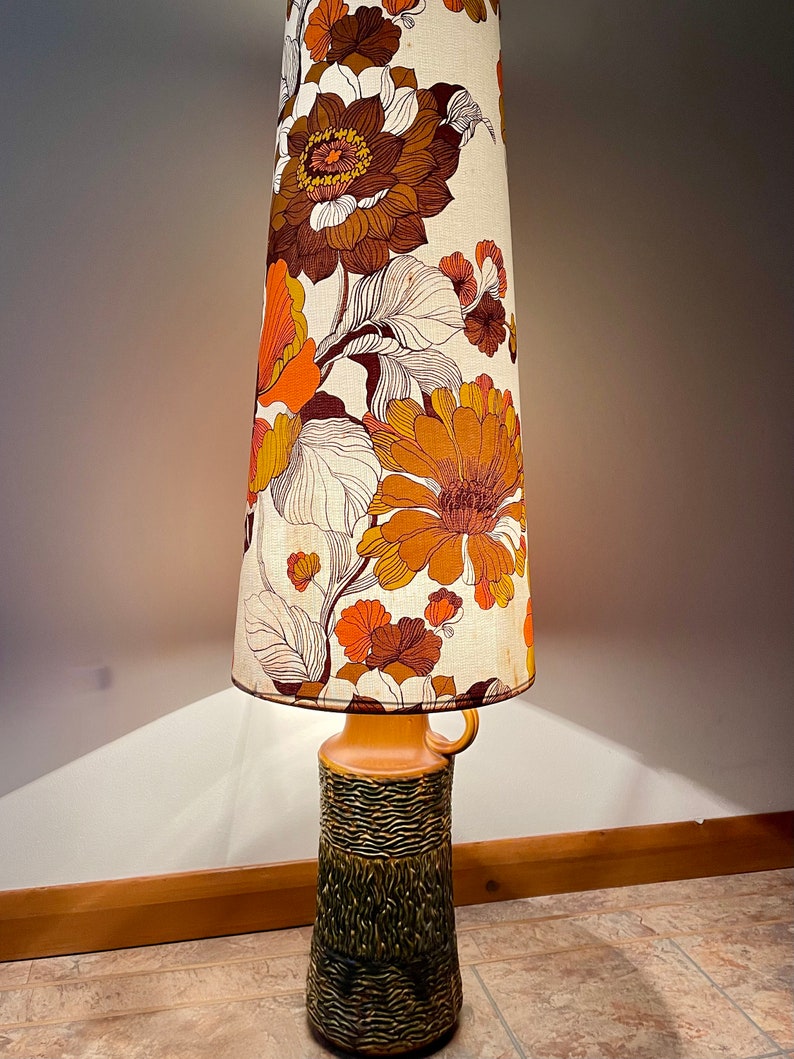 Stunning West German pottery floor lamp with original seventies large scale floral print lampshade