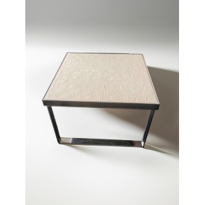 Mid Century Danish white ceramic tile square coffee table with high shine chrome base by Ansager Mobler