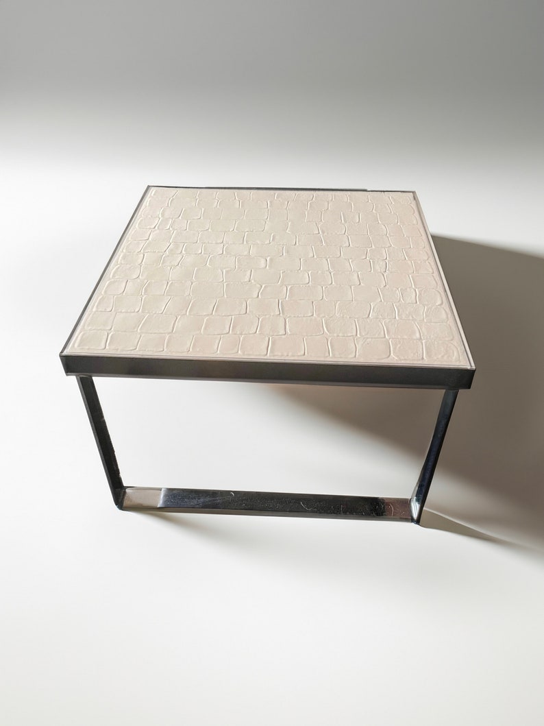 Mid Century Danish white ceramic tile square coffee table with high shine chrome base by Ansager Mobler