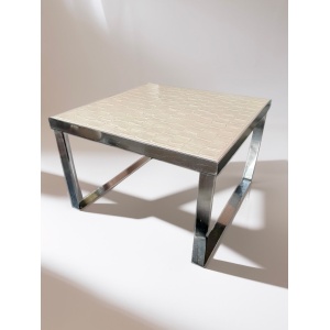 Mid Century Danish white ceramic tile square coffee table with high shine chrome base by Ansager Mobler