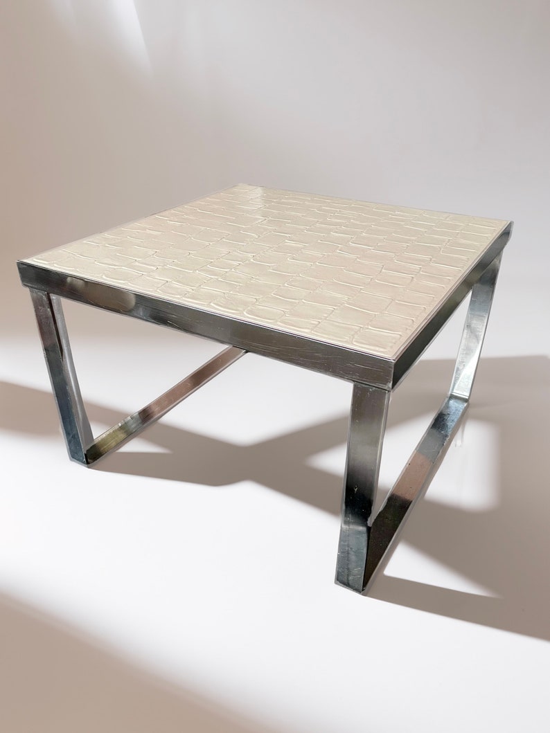 Mid Century Danish white ceramic tile square coffee table with high shine chrome base by Ansager Mobler