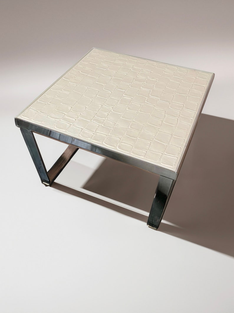 Mid Century Danish white ceramic tile square coffee table with high shine chrome base by Ansager Mobler