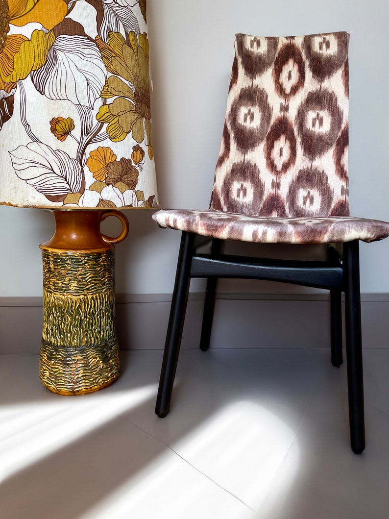 Stunning West German pottery floor lamp with original seventies large scale floral print lampshade