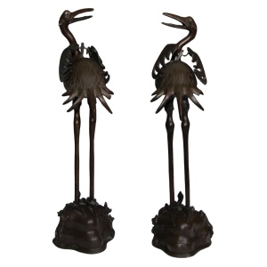 Japanese Bronzes Cranes Pair Antique Meiji Period Circa 1900 Large 54 cm High