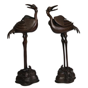 Japanese Bronzes Cranes Pair Antique Meiji Period Circa 1900 Large 54 cm High