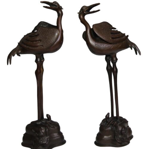 Japanese Bronzes Cranes Pair Antique Meiji Period Circa 1900 Large 54 cm High