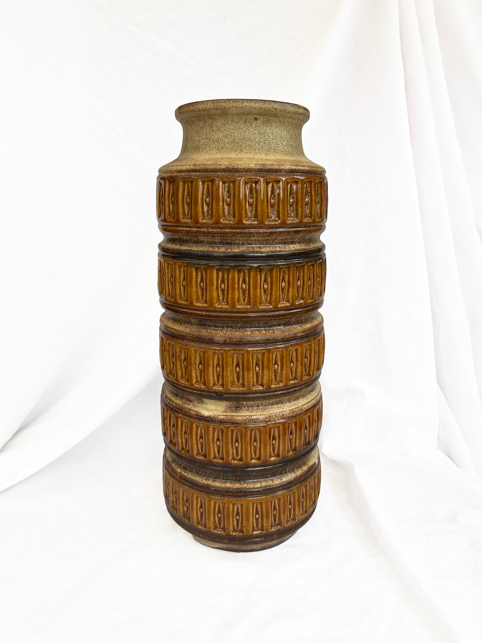 Large five rimmed geometric West German pottery floor vase in Cream, Ochre, Brown and earthy tones from Scheurich, 1970s 238-40