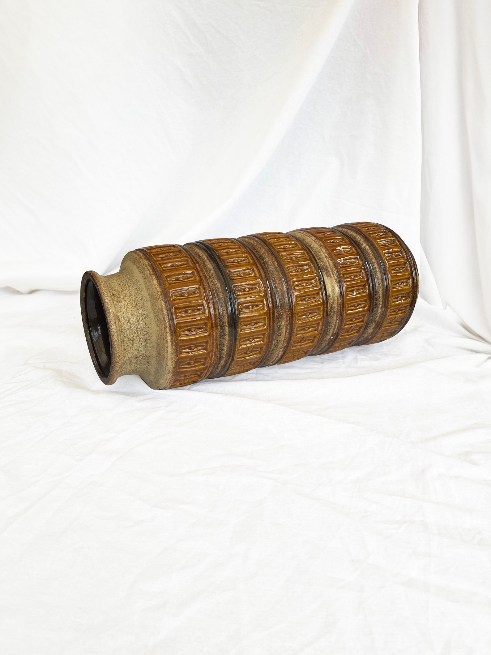 Large five rimmed geometric West German pottery floor vase in Cream, Ochre, Brown and earthy tones from Scheurich, 1970s 238-40