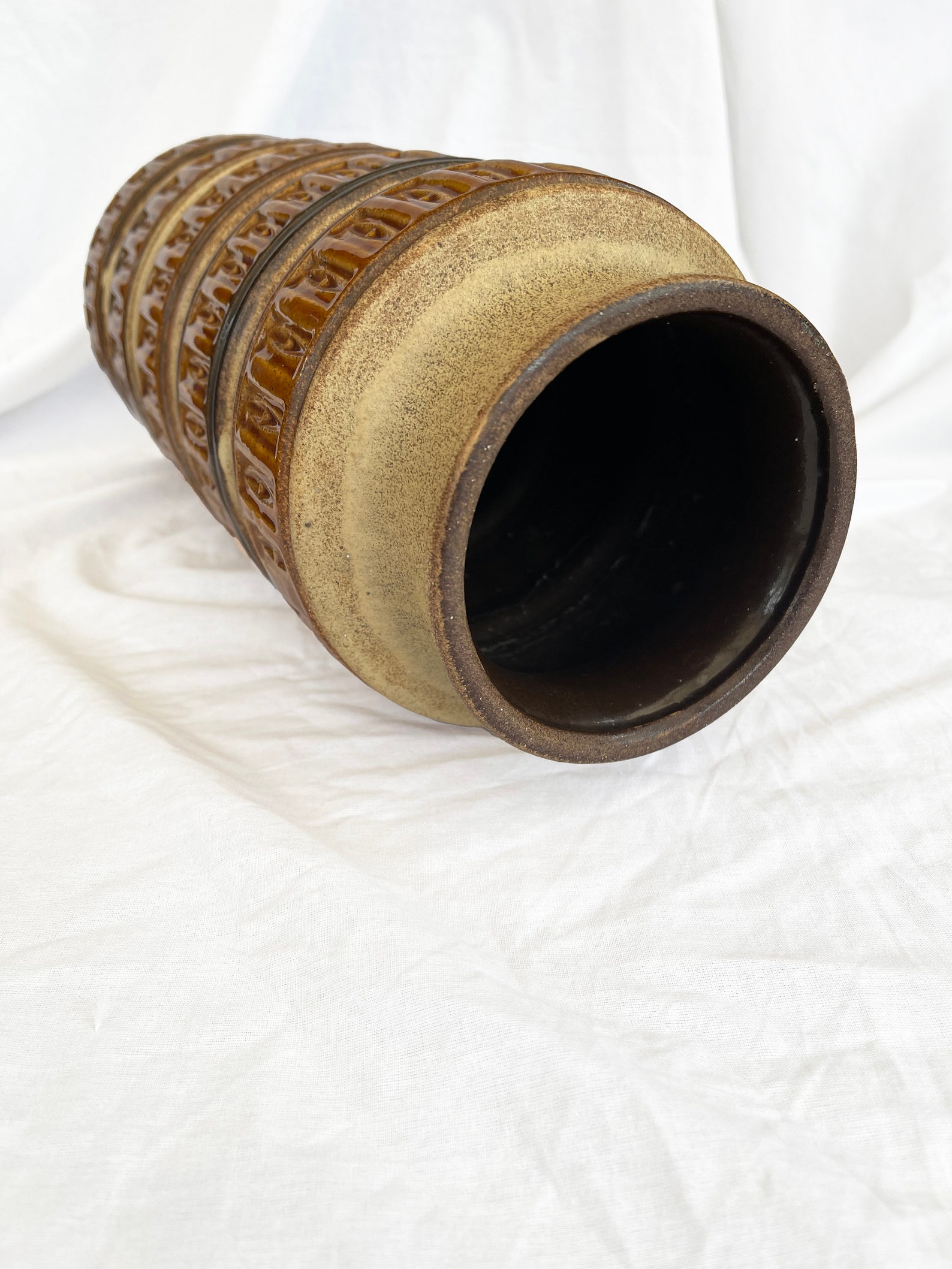 Large five rimmed geometric West German pottery floor vase in Cream, Ochre, Brown and earthy tones from Scheurich, 1970s 238-40